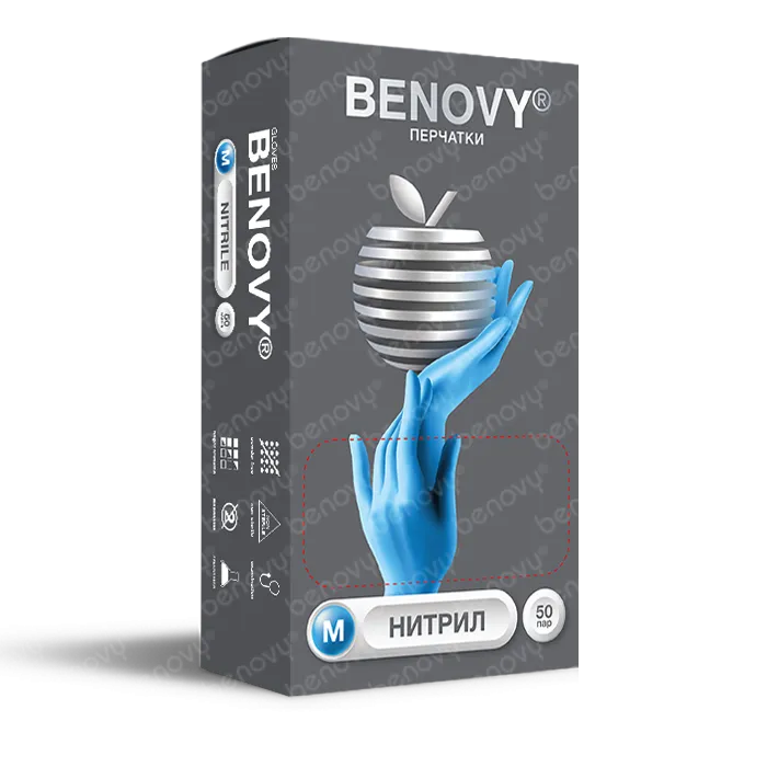 BENOVY НИТРИЛ ХЛОРИРОВАННЫЕ, перчатки нитриловые, текстурированные на пальцах, голубые, Китай, 50 пар BENOVY НИТРИЛ ХЛОРИРОВАННЫЕ, перчатки нитриловые, текстурированные на пальцах, голубые, Китай, 50 пар