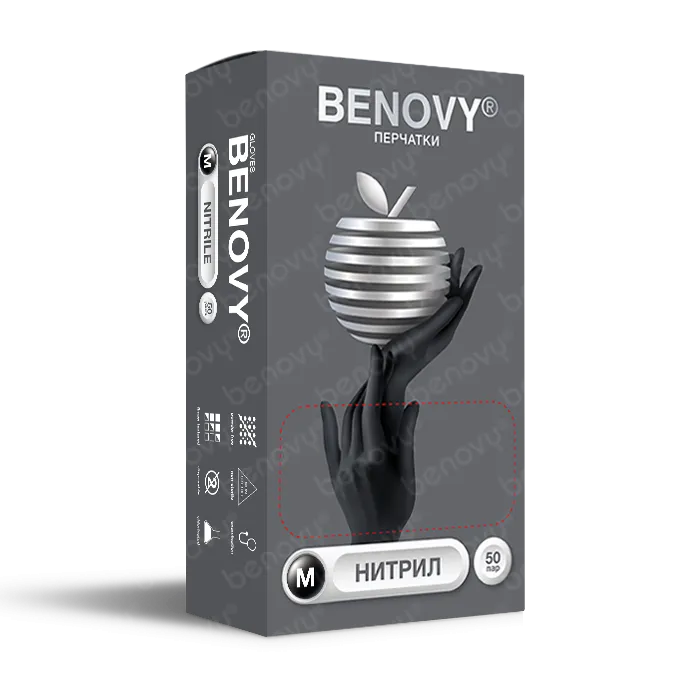 BENOVY НИТРИЛ ХЛОРИРОВАННЫЕ, перчатки нитриловые, текстурированные на пальцах, черные, Китай, 50 пар BENOVY НИТРИЛ ХЛОРИРОВАННЫЕ, перчатки нитриловые, текстурированные на пальцах, черные, Китай, 50 пар
