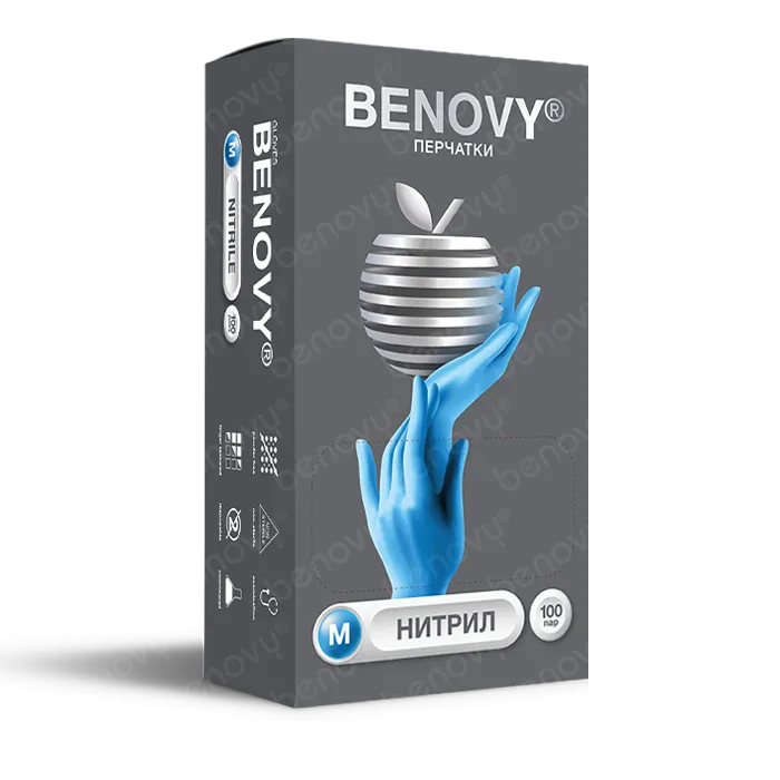 BENOVY НИТРИЛ ХЛОРИРОВАННЫЕ, перчатки нитриловые, текстурированные на пальцах, голубые, Китай, 100 пар BENOVY НИТРИЛ ХЛОРИРОВАННЫЕ, перчатки нитриловые, текстурированные на пальцах, голубые, Китай, 100 пар