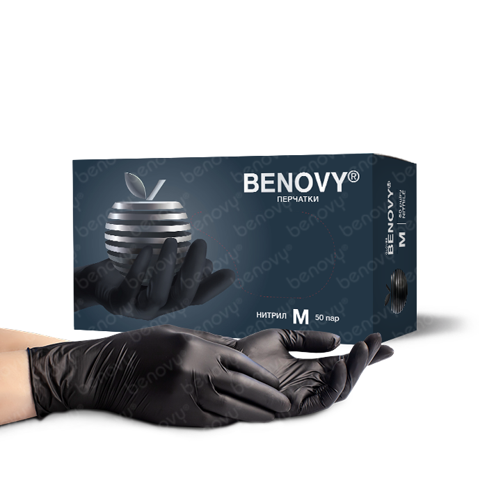 BENOVY Nitrile Multicolor BS Перчатки нитриловые тестурированные на пальцах черные, Китай, 50 пар
