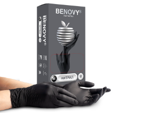 BENOVY Nitrile Chlorinated  BS Перчатки нитриловые текстурированные на пальцах черные, Китай, 50 пар