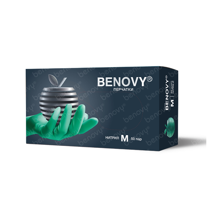 Перчатки BENOVY Nitrile MultiColor HC, нитриловые,текстурированные на пальцах зеленые, Таиланд, 50 пар