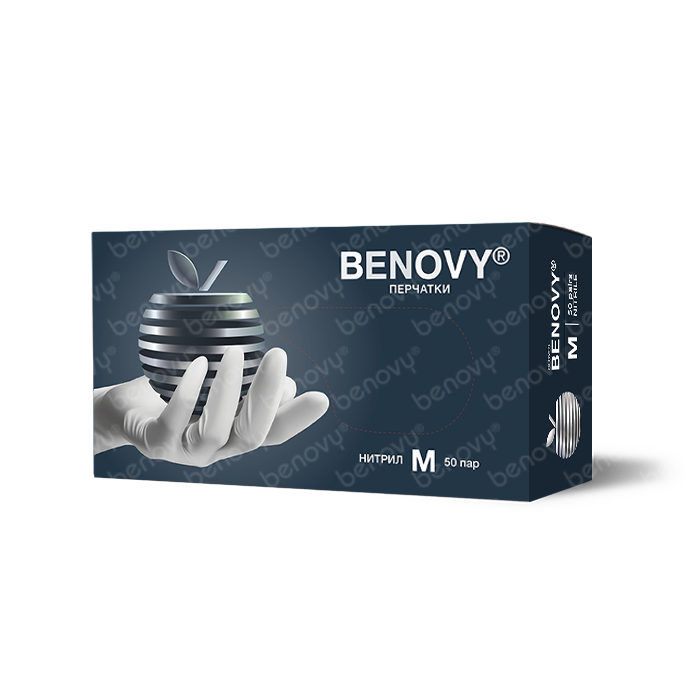 BENOVY Nitrile MultiColor BS Перчатки нитриловые текстурированные на пальцах белые, Китай, 50 пар