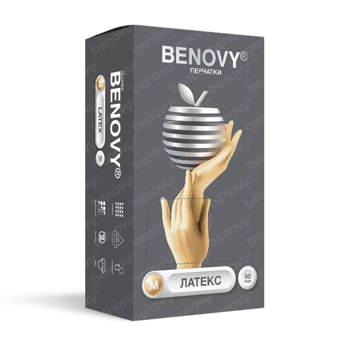 BENOVY Latex Powdered ST Перчатки латексные текстурированные на пальцах опудренные цвет натуральный, Таиланд, 50 пар