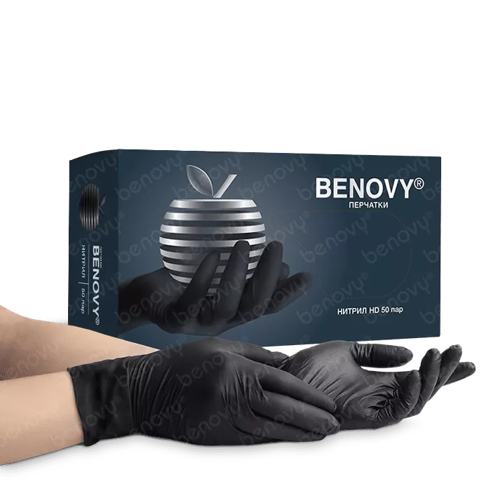 BENOVY Nitrile MultiColor BS Нитриловые, особопрочные, текстурированные на пальцах, черные, Китай