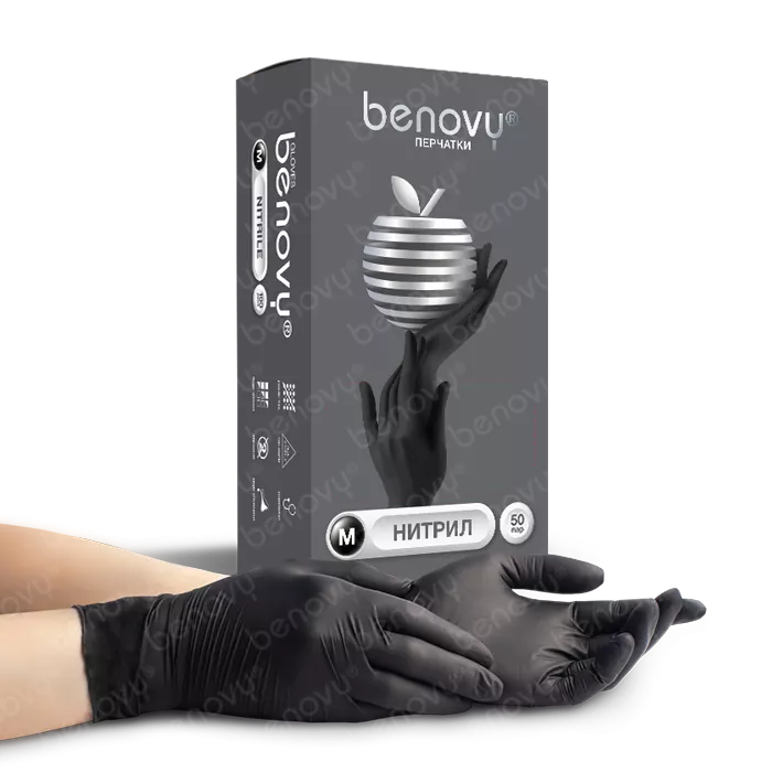 BENOVY Nitrile Chlorinated  BS Перчатки нитриловые текстурированные на пальцах черные, Китай, 50 пар