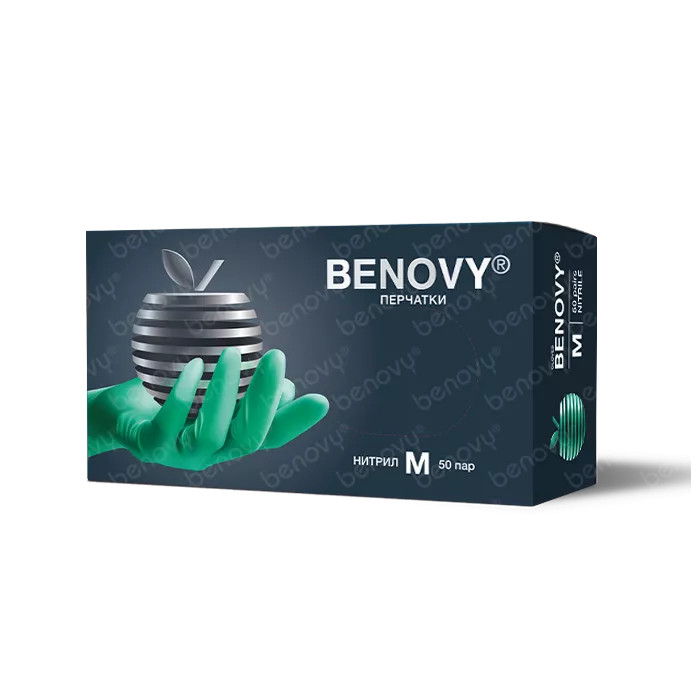 Перчатки BENOVY Nitrile MultiColor HC, нитриловые,текстурированные на пальцах зеленые, Таиланд, 50 пар